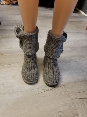 UGG Knit Fold-Over Cuff Slippers in Heather Gray